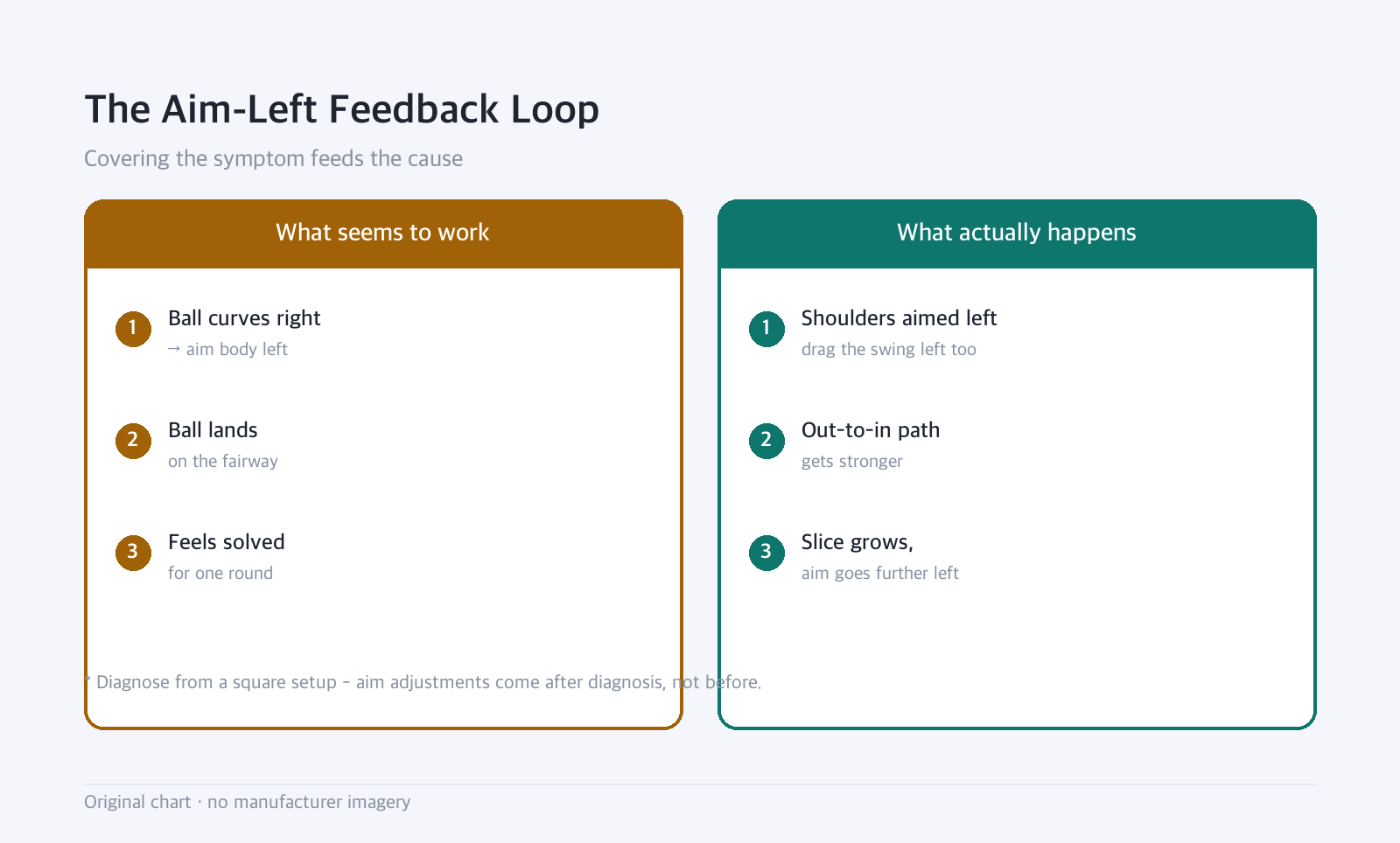Side-by-side diagram: The Aim-Left Feedback Loop — Covering the symptom feeds the cause